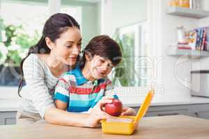 Smiling mother holding apple with son