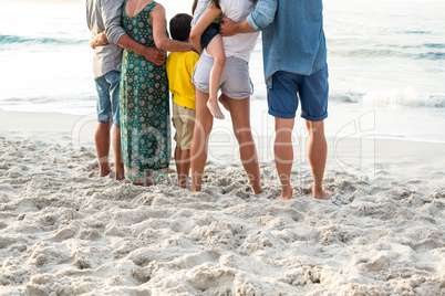 Rear view of a happy family posing at the beach