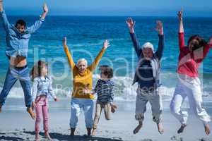 Happy smiling family jumping together