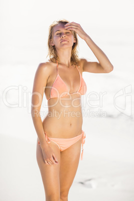 Pretty woman in bikini standing on the beach