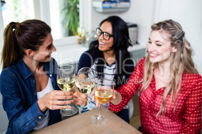 Cheerful female friends toasting wineglass at table in house