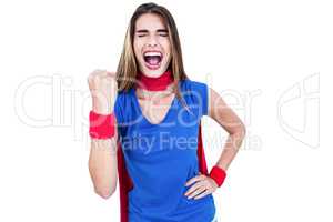 Woman in superhero costume shouting