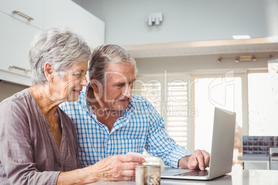 Senior couple with pills using laptop