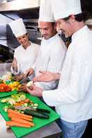 Head chef teaching his colleagues how to slice vegetables