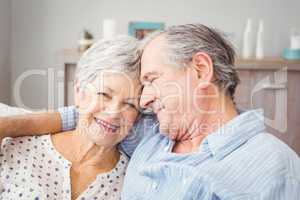 Close-up of romantic senior couple sitting on sofa