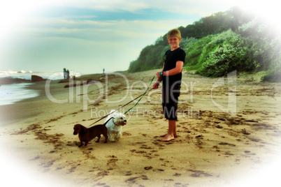 Boy Walking Dogs on Beach Illustration