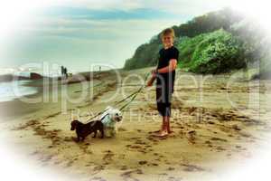 Boy Walking Dogs on Beach Illustration