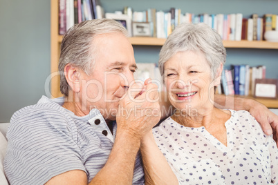 Senior man kissing his wife hand while sitting at home