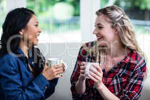 Cheerful young female friends drinking coffee at home