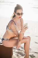 Glamorous woman in bikini sitting and using mobile phone