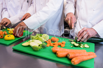 Close-up of chefs chopping vegetables