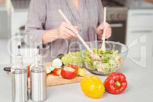 Midsection of woman preparing salad