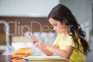 Girl holding pen while sitting at desk