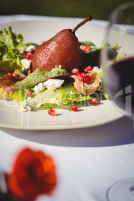 View of a poached pear salad