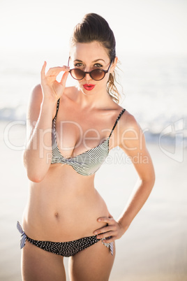 Portrait of glamorous woman in bikini standing on the beach