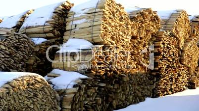 Pile of snow-capped wooden strip for wine barrel production.