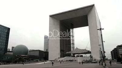 La Défense Paris. Tilt from ground to the Grande Arche and back to ground. Long shot.
