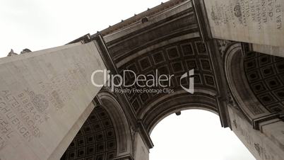 Arc De Triomphe on a cloudy day. Slow pan under the Arc. Left to right.