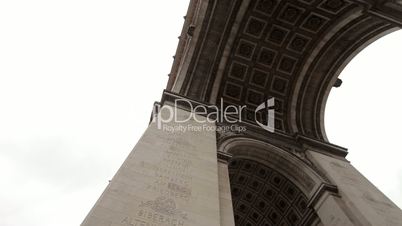 Arc De Triomphe on a cloudy day. Pan under the Arc. Left to right.
