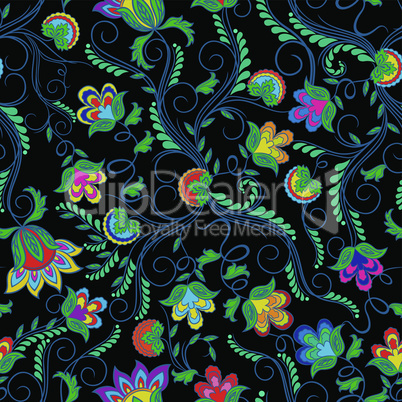 Seamless pattern with bright flowers over black