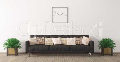 Black sofa against of white wall  3d render