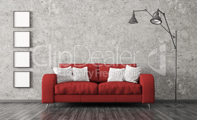 Interior with red sofa against of concrete wall 3d render
