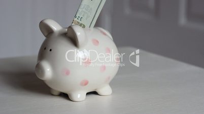 Girl Puts Dollar Bill into Piggy Bank