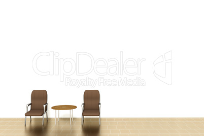 Two upholstered chairs with glass table interior