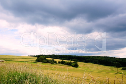 grüne Landschaft mit Regenwolken