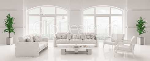 Interior of white living room panorama 3d render
