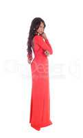 Slim African American woman red dress.