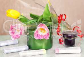 Cosmetics for body and hair and flowers.