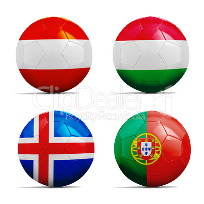 Soccer balls with group F team flags, Football Euro 2016.