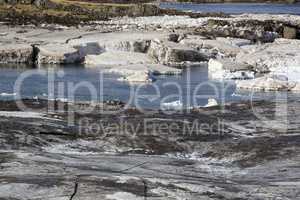 Glacial ice float away on a river bank, Iceland