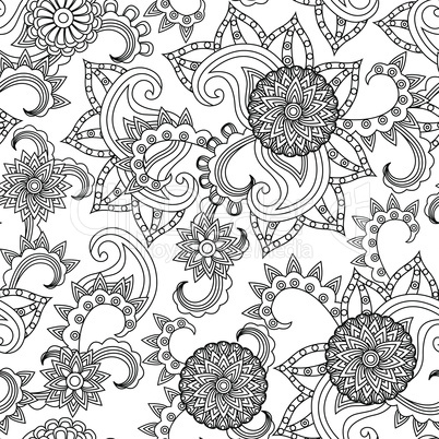 Seamless black and white pattern with flowers