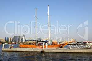 The wooden yacht is in a port of Dubai Creek, United Arab Emirat