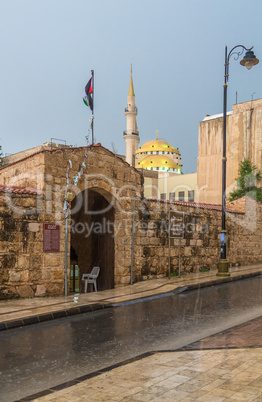 Rainfall in the city of Madaba, Jordan
