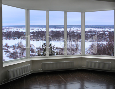 window of verandah overlooking the winter landscape