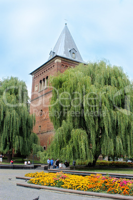 tall castle surrounded by the green willows in Drohobych