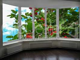 windows overlooking the garden with red guelder-rose