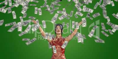 Asian Woman Catching Money Falling From the Sky