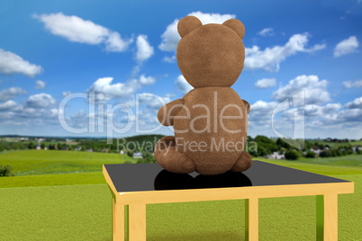 Teddy bear sits on the stool and looks into the distance