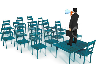 Businessman with megaphone speaking to empty chairs