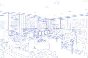 Blue Line Drawing of a Custom Living Room