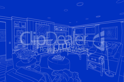 White Line Drawing On Blue of a Custom Living Room