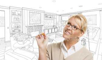 Woman With Pencil Over Living Room Design Drawing