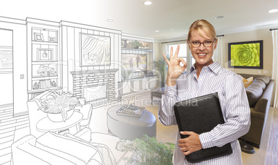 Woman with Okay Sign Over Bedroom Drawing and Photo Combination