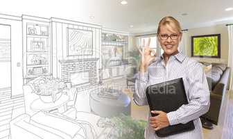 Woman with Okay Sign Over Bedroom Drawing and Photo Combination