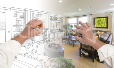 Hands Drawing Living Room Design Gradating Into Photograph