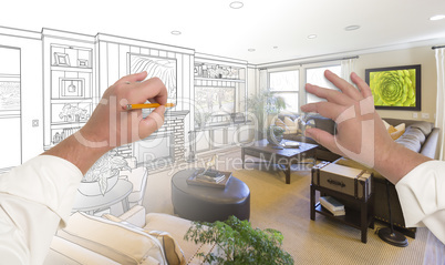 Hands Drawing Living Room Design Gradating Into Photograph